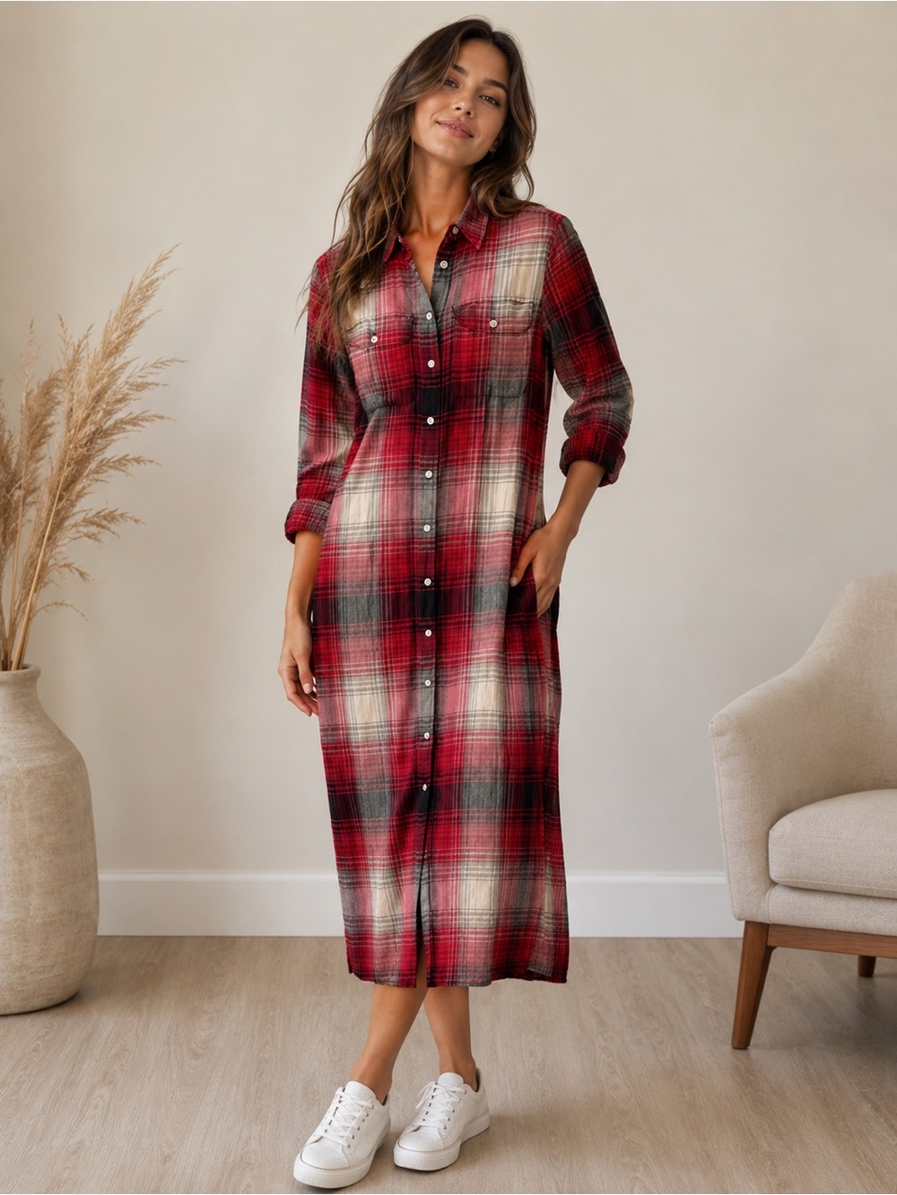 Polo by Ralph Lauren Red and Black Plaid Long Sleeve Shirt Dress